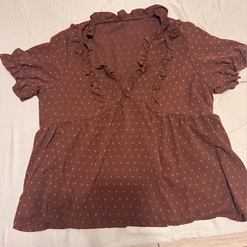 Brown Ruffled Blouse with Dotted Pattern